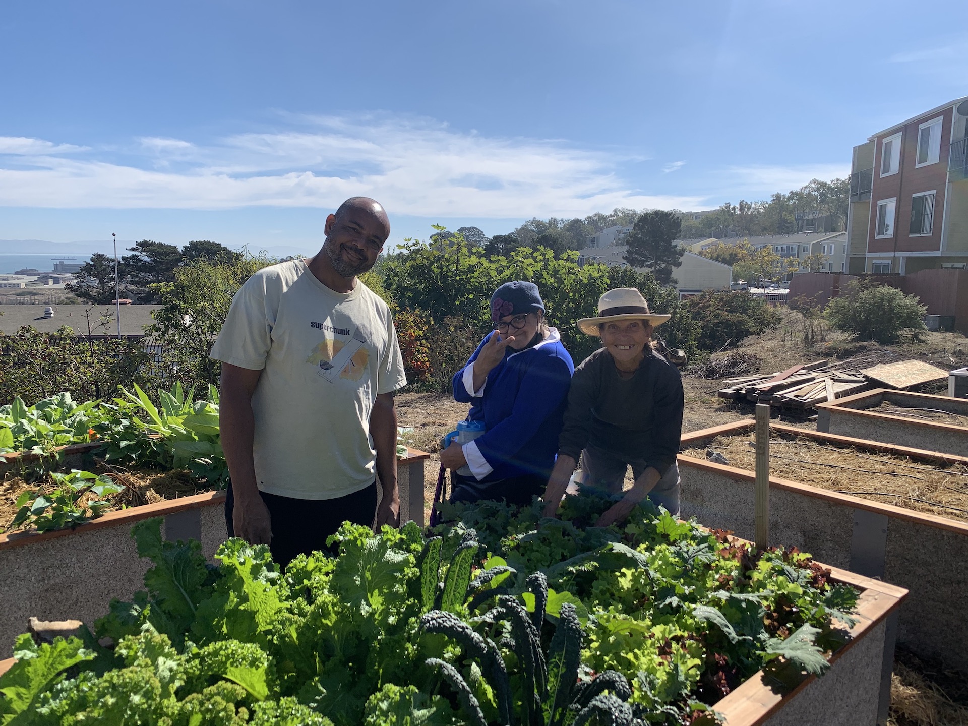 UAC-FY2021-CA-SMRCD-Community Gardeners at Northridge Coop Community Garden Three people (a multiracial man, latino child, and white woman) stand behind a garden bed filled with chard, kale and lettuce. In the background there is a multi-story apartment building and a blue sky with a few clouds.