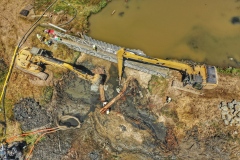 Overhead view of sandbag dam removal, August 2019