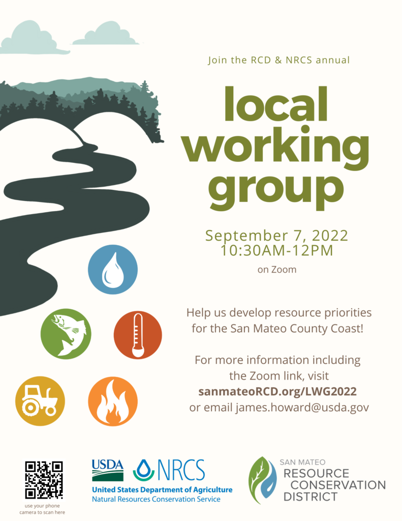 Flyer for the Local Working group. Image of water, fish, thermometer, tractor and fire in icons below a graphic of hills, trees, and a river. Flyer header says 