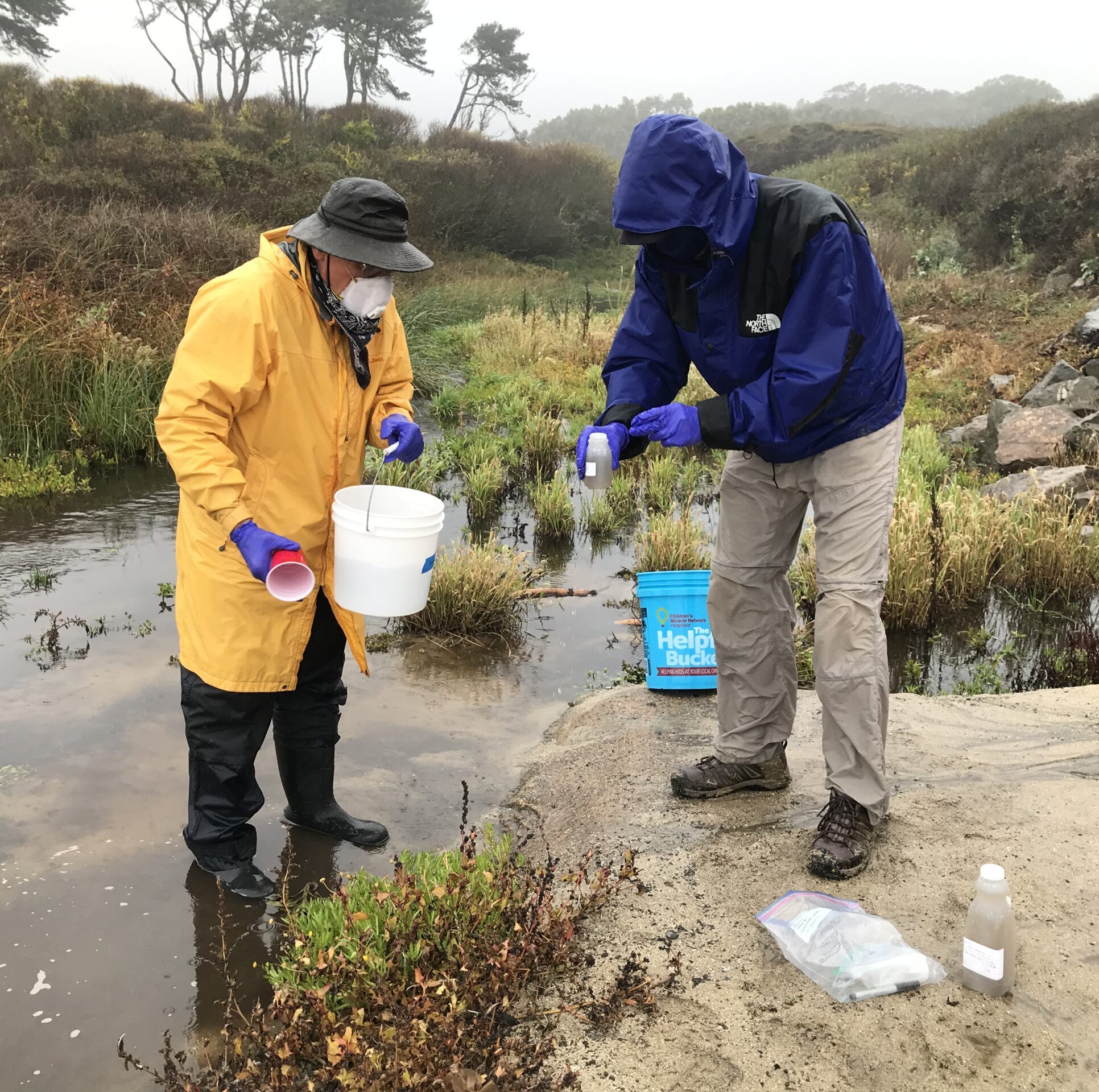 First flush People in rain gear use solo cups and buckets to collect water samples by a stream.
