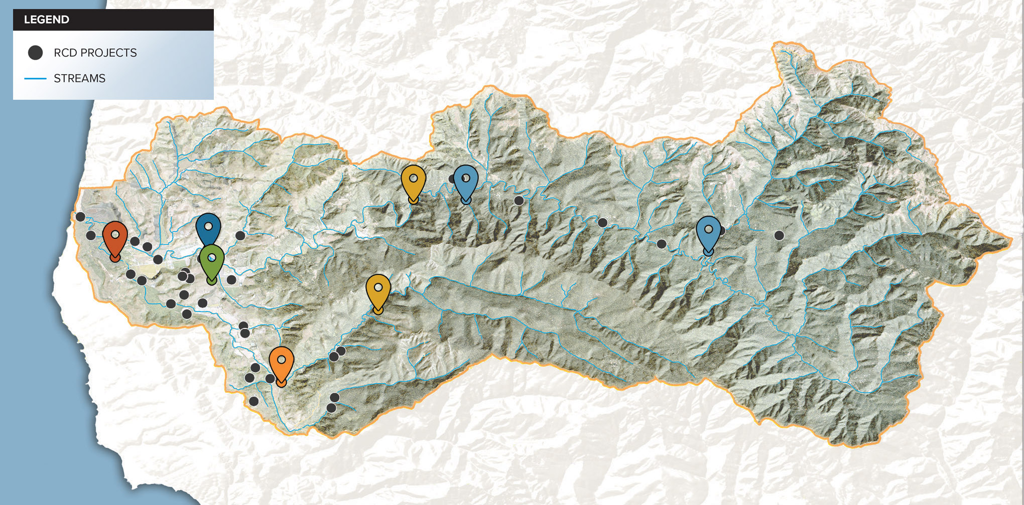 ~ai-f46cea43-9f25-430e-9bec-80f9c2c7c0b1_ Map of the streams and project locations in the Butano watershed. There are dozens of projects, some inland, and some closer to the coast.