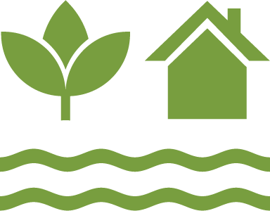 Agricultural and domestic water Icon of a plant and a house over rippling water.