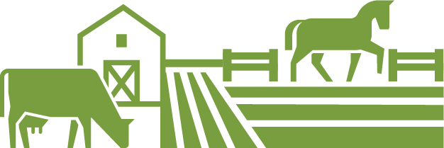Farms Farm icon featuring stylized horse and cow outside near a barn an fields.