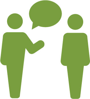 Technical assistance Stylized people, one of whom has a comment/question bubble.