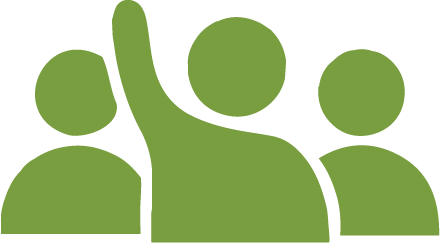 Volunteers Volunteers icon featuring three stylized people, one with a hand raised.